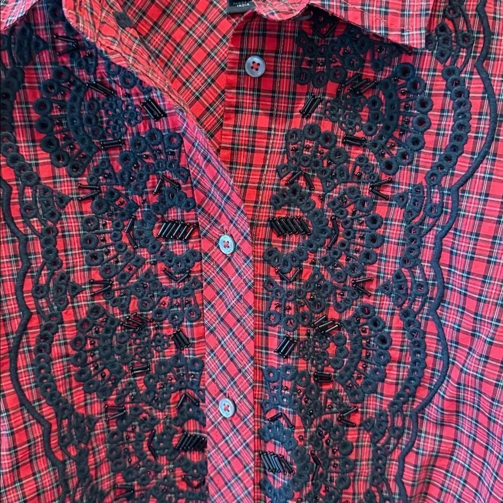J. Crew Red and Black Plaid Shirt with Beaded Embroidery Size 8